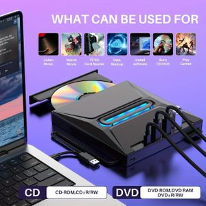 Lecteur CD/DVD externe multifonctionnel 8 en 1 avec trois ports USB 3.0 - Noir