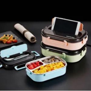 boîtes à lunch en acier inoxydable 304, dotées d'une conception colorée et d'un couvercle servant de support pour téléphone