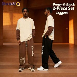 BoutiQ Ensemble 2 pièces pour homme : pantalon long décontracté imprimé, coupe droite ample, pantalon de jogging (Noir + Marron)