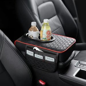 Organiseur de console centrale de voiture – Housse d'accoudoir en similicuir PU avec 2 poches latérales et 2 porte-gobelets – Noir et rouge