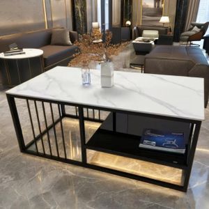 Table Basse Moderne Haut de Gamme avec Plateau Effet Marbre Gris – Meuble de Salon Design Contemporain avec Structure Métallique Noire et Espace de Rangement – Table Basse Élégante et Robuste pour Salon, Bureau ou Appartement