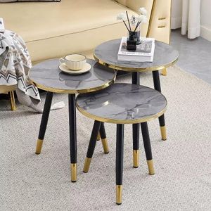 Lot de 3 Tables Gigognes Rondes Effet Marbre avec Pieds Métal Dorés. Table basse, table gigogne, table ronde, effet marbre, meuble salon, décoration intérieure, table de chevet, table d’appoint.