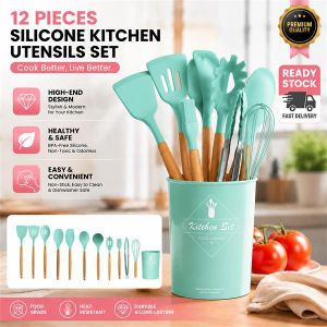 Litglobe Ensemble de 12 ustensiles de cuisine en silicone rose (avec support de rangement) - Ensemble d'ustensiles de cuisine résistants à la chaleur, adaptés aux ustensiles de cuisine antiadhésifs, ensemble d'ustensiles de cuisine à manche en bois.