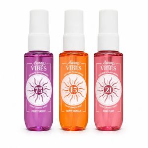 Pack de 3 Sunny Vibes Brumes Parfumées – 15 Happy Vanilla + 23 Sun Kissed + 75 Fruity Boost