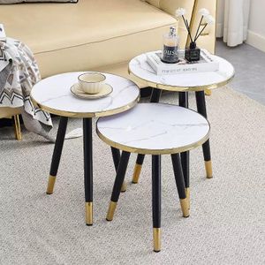 Lot de 3 Tables Gigognes Rondes Effet Marbre avec Pieds Métal Dorés.Table basse, table gigogne, table ronde, effet marbre, meuble salon, décoration intérieure, table de chevet, table d’appoint.