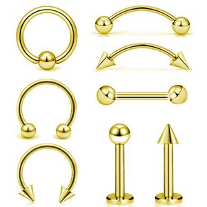 Lot de 8 piercings d'oreille en acier doré (hélix, sourcils, labret, tragus, haltère) - Bijoux de corps - 1,2 x 8 x 3 mm