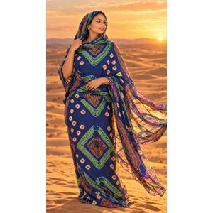 Meulfe mauritanienne femme – Bleu royal à motifs vert, orange et rose