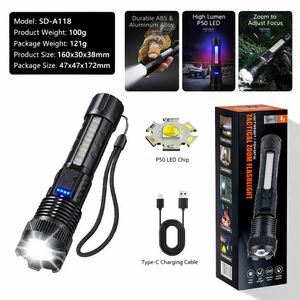 Lampe de poche LED rechargeable SD-A118 avec 7 modes d'éclairage, étanche IPX6, recharge Type-C