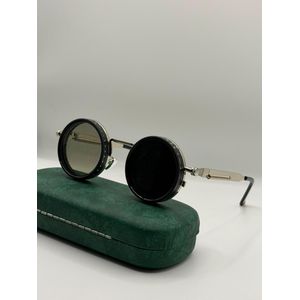Lunettes de Soleil Rondes Style Steampunk / Cyberpunk – Monture Métallique Rétro Future avec Étui Premium
