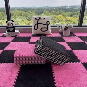 Lot de 10 pièces de tapis emboîtables moelleux, tapis de jeu, tapis de sol en mousse pelucheuse avec bordures, tapis puzzle en dalles emboîtables, protège-sols. - Rose + Noir