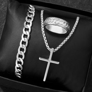 Punk Croix Pendentif Collier Bracelet Chaîne Bague Ensemble Homme Personnalité Simple Hip Hop Fête Trois Pièces Bijoux Accessoires