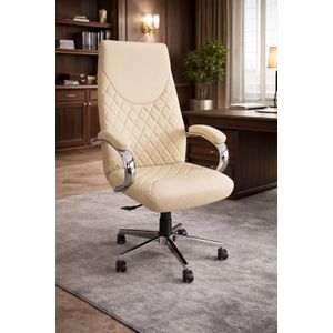 Fauteuil de bureau ergonomique haut de gamme – Cuir beige, structure chrome et confort premium pour espace de travail moderne - Chaise De Bureau Haut de gamme 