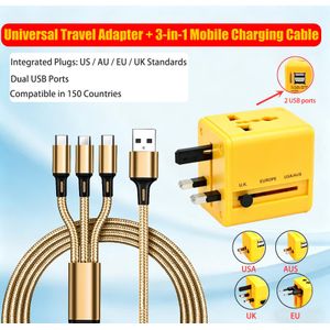 Adaptateur de voyage universel / Adaptateur de prise/ chargeur de téléphone double USB +  Câble de données 3-en-1