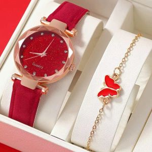 Montre quartz avec bracelet femme en cuir givré simple et décontractée - rouge