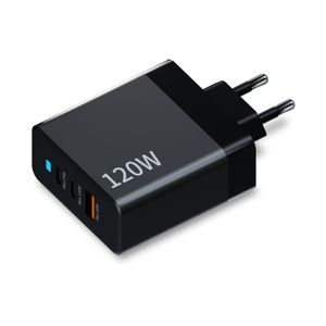 Chargeur GaN 120W à 3 ports (2 USB-C + 1 USB-A), chargeur rapide compatible avec les protocoles universels pour iPhone , charge ultra-rapide Samsung/Huawei/Xiaomi, chargeur ordinateur portable 65W pour MacBook/Dell, fiche fixe, sécurisé et durable.