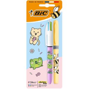 Bic Pack Stylo 4 Couleurs + Surligneur Highlighter Grip Décoré Cute - Couleurs et Motifs Assortis (Envoi Aléatoire), Rose, Vert, Bleu, Orange) – Pointe Biseautée 3 mm