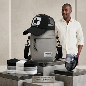 Ensemble Cadeau Essentiel 4 Pièces pour Hommes - Casquette Maille Étoile, Sac Bandoulière, Mini Rasoir, 6 Paires de Chaussettes