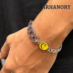 ARHANORY Bracelet homme à maillons cubains avec charme visage souriant planète en chaîne acier titane - Argent
