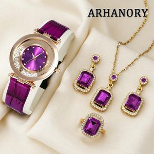 ARHANORY Montre à quartz pour femme avec collier, boucles d'oreilles et bague Ensemble Montres-bracelets élégantes pour femmes Bijoux