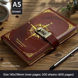 Carnet vintage en cuir PU avec cadenas, format A5, pages lignées, 400 pages
