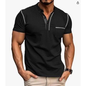 Berrykey T-shirt homme décontracté d'été à manches courtes, col rabattu avec boutons, lourd, noir