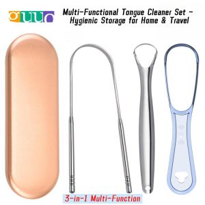 GUUO 3 pièces en un - Gratte-langue contre la mauvaise haleine avec un étui de rangement - boîte en métal rose doré
