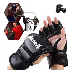 Gants De Boxe En Cuir Demi-doigts, Gants De Boxe D'entraînement De Combat De Taekwondo Professionnel - Noir