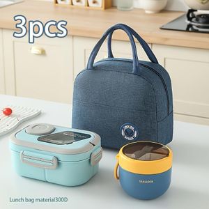 Ensemble de 3 sacs à déjeuner avec boîte à bento étanche et tasse à soupe, idéal pour les voyages, le travail et les activités de plein air - Bleu