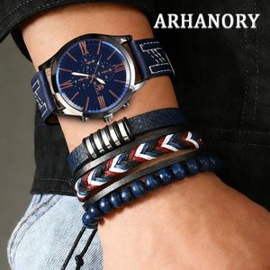 ARHANORY Coffret Homme 4-en-1 Montre Quartz et Bracelet en Cuir à Grand Cadran - Bleu