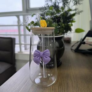 Gobelet Verre Transparent + Paille Verre - Couvercle Bambou Nœud Papillon Luxe 