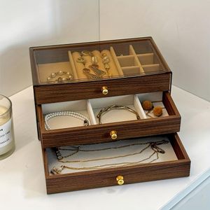 Boîte de rangement à bijoux brun à 3 tiroirs, boîte à bijoux en bois avec couvercle en verre, boîte de rangement à bijoux à affichage transparent