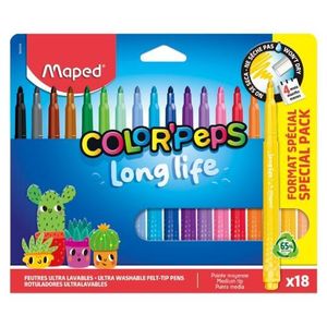 Maped Pochette de 18 Feutres de Coloriage Color'Peps Long Life - Pointe Moyenne Ultra Lavables