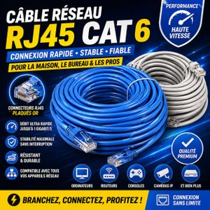Câble Réseau RJ45 Cat 6 Haute Vitesse – Ethernet LAN Internet – Connexion Stable pour PC, Routeur, Caméra IP & Console