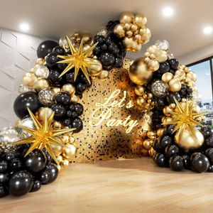 Flushrenic Kit d'arc de ballon noir et or, décorations de fête en silicone de 132 pièces, Ballons de mariage，matériau élastique, gonflable et durable, pas facile à briser, décoration de fête d'anniversaire, Convient aux célébrations de vacances et 