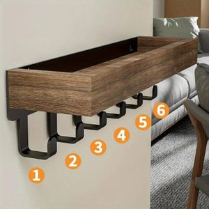 Étagère murale en bois avec 6 crochets - Rangement mural et porte-clés