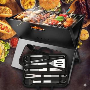 Pack Barbecue Nomade 2-en-1 – Barbecue Pliable en "X" + Set de 5 Ustensiles Professionnels en Inox avec Sacoche de Transport