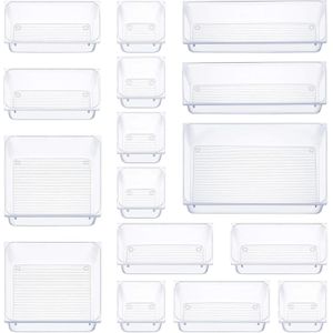 TodyJeyHo Ensemble de 25 organiseurs de tiroirs en plastique transparent, plateaux organiseurs de tiroirs polyvalents en 4 tailles pour salle de bain et coiffeuse, bacs de rangement pour maquillage, chambre, gadgets de cuisine et bureau