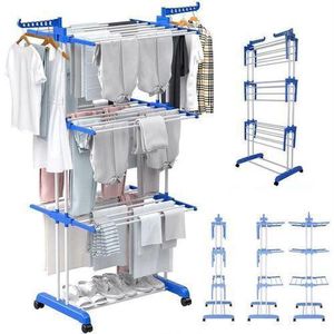 Étendoir À Linge Grande Capacité - 3 Niveaux Pliants Sur Roulettes