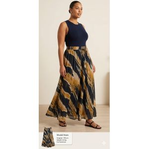 Jupe Longue Fluide Bohème – Imprimé Abstrait Noir et Beige – Taille Élastique