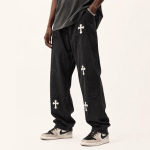 CALLIARA Pantalon en denim noir délavé High-Street - Jean hip-hop tendance à jambes larges et larges avec empiècements croisés