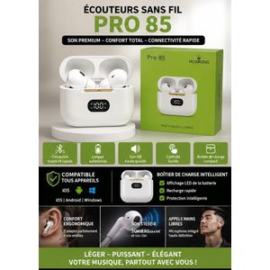 Écouteurs Sans Fil Pro 85 Bluetooth avec Affichage LED - Son HD et Longue Autonomie