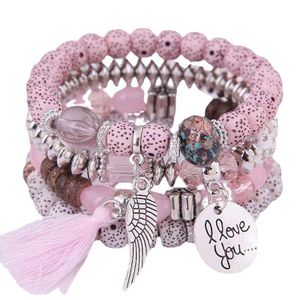 Ensemble de 4 bracelets empilables bohèmes pour femme - Bracelets extensibles à perles style bodhi rose