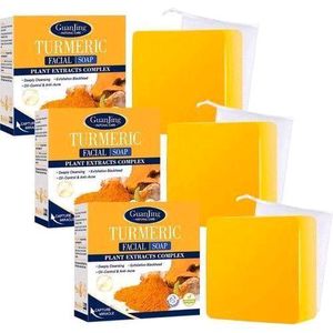 White Label 3 x savons au curcuma + gants de toilette exfoliant, Savon 100% naturel pour le visage et le coprs