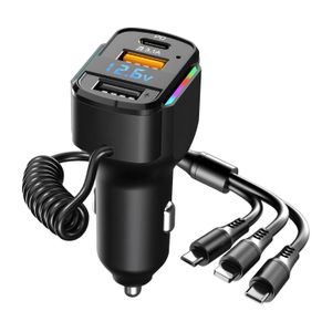 ShebSheb Chargeur de voiture USB 5‑en‑1 avec câble rétractable, charge rapide, compatible avec iPhone, Android, Samsung et iPad