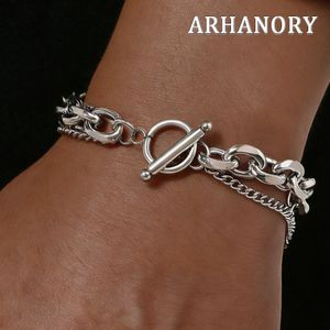 ARHANORY Bracelet à chaîne pour homme et femme en acier inoxydable argenté à double chaîne et fermoir à bascule