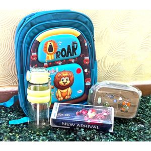 Pack scolaire garçon 4 pièces - Sac à dos Lion 3D, trousse, lunch box et gourde - 7 à 12 ans