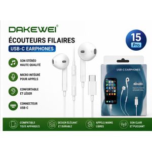 Écouteurs Filaires Dakewei 15 Pro USB-C - Son Stéréo HD, Micro Intégré, Compatibles Appareils USB-C