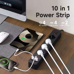 TC2i Multiprise Européenne 4 Prises + 4 Ports USB (3 USB + 1 Type-C) – 3500W / 16A avec Interrupteur