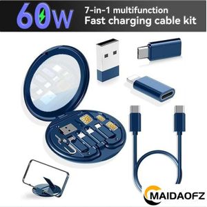 MAIDAOFZ Boîtier de câble de charge rapide multifonctionnel 60W 7 en 1 : câble de charge rapide 60 W, kit de conversion, rangement pour carte SIM, broche pour plateau SIM, support de téléphone, chargement portable et miroir de maquillage - -BLEU FONCÉ