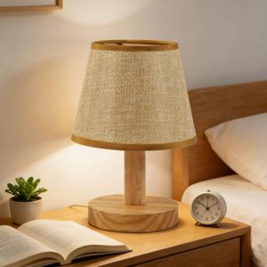 Lampe de table en bois et jute, veilleuse/lampe de table avec télécommande tricolore